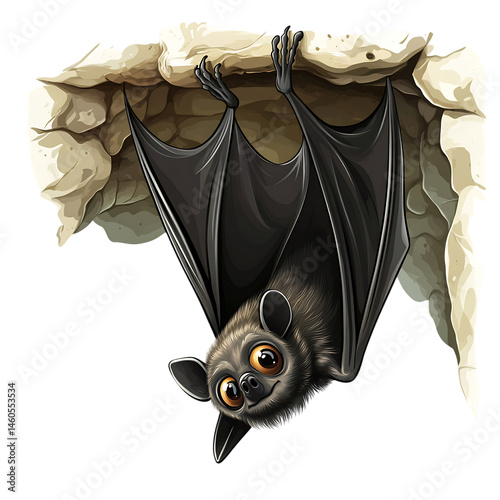 A Cartoon Bat Hanging Upside Down in a Cave Isolated on Transparent Background
