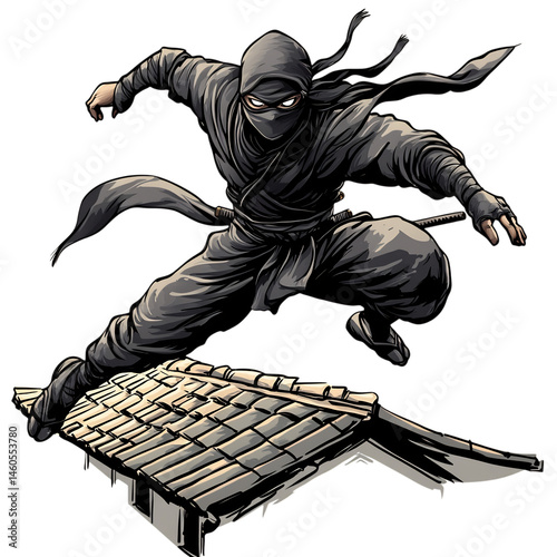 Cartoon Ninja Leaping Over Rooftops Isolated on Transparent Background