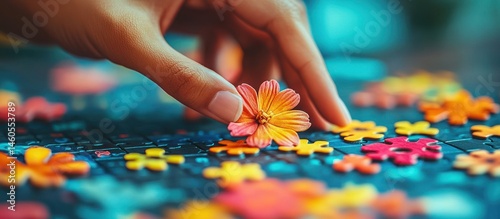 Hand Placing Flower Puzzle Piece, Colorful Jigsaw