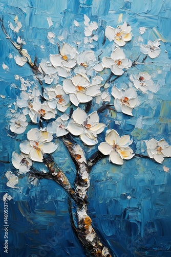 Abstract Oil Painting of White Cherry Blossom Flowers with Blue Background and Heavy Brush Strokes