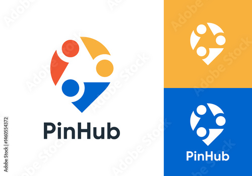 location pin with people logo. find job, social community, team work symbol icon design