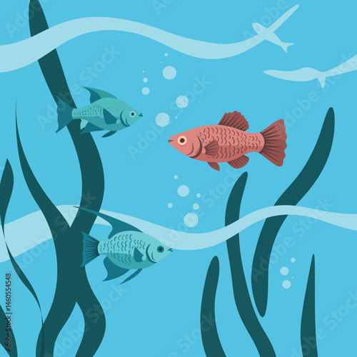 Colorful fish swimming underwater among seaweed with bubbles and flying birds in blue background vector illustration 
