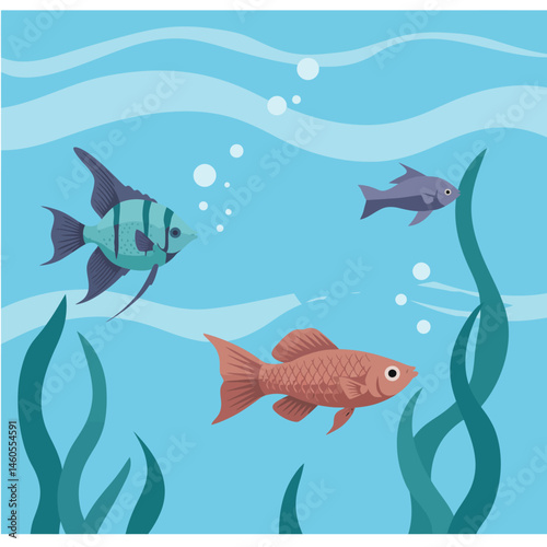 Colorful tropical fish swimming underwater with seaweed waves and bubbles vector illustration in blue water environment 