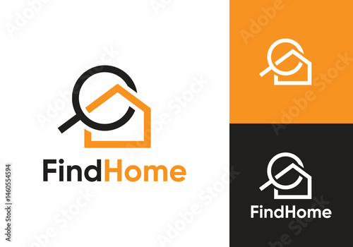magnifying glass and home logo. creative find search house symbol vector design