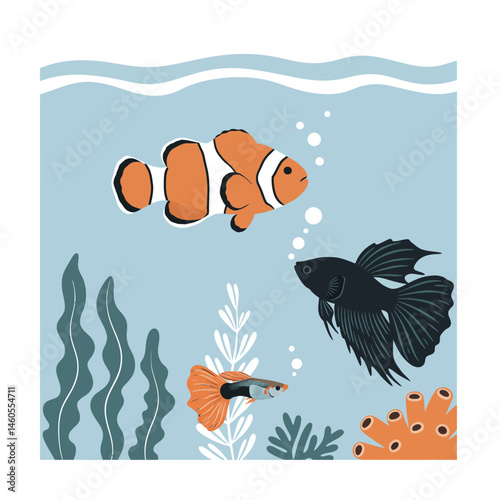 Clownfish Black Betta Fish and Guppy Swimming Underwater with Coral and Seaweed Vector Illustration 