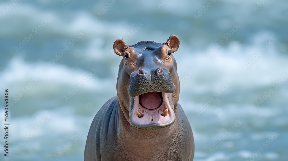 Fototapeta premium Yawning Hippo in African River with Wildlife Closeup.