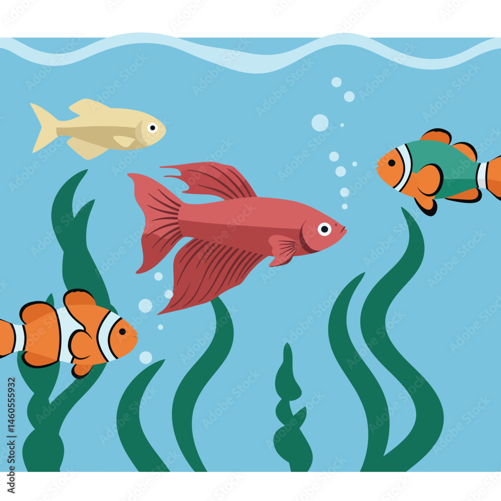 Fototapeta premium Colorful tropical fish swimming among green seaweed in underwater ocean scene vector illustration 