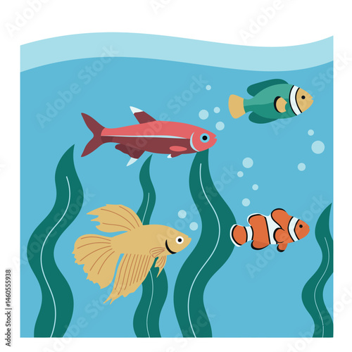 Colorful aquarium fish swimming among seaweed underwater vector illustration 