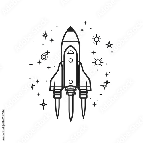 Isolated Spacecraft Outline with Stars and Solar Systems on Transparent Background