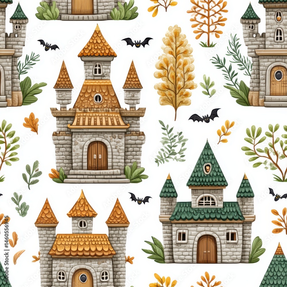 Fototapeta premium Autumnal Pixel Art Castle Seamless Pattern