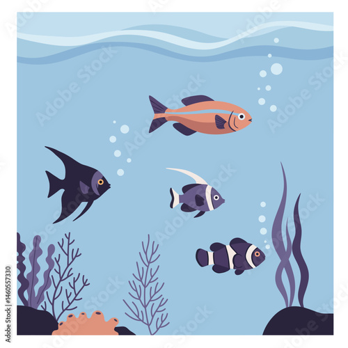 Colorful tropical fish swimming in underwater coral reef vector illustration in square format 
