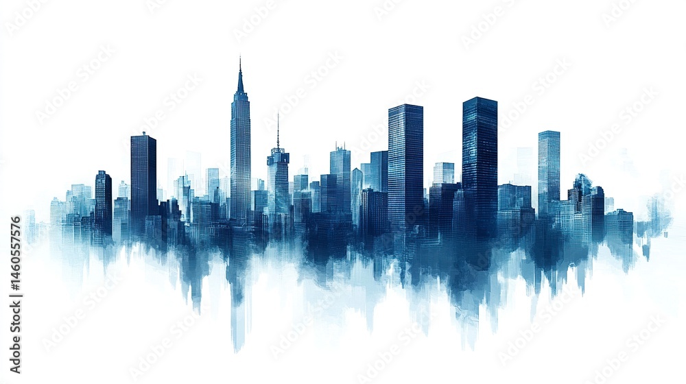 Obraz premium Blue cityscape silhouettes of towering skyscrapers in a modern urban skyline, gradient tones, clean white background. 