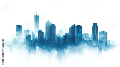 Blue cityscape silhouettes of towering skyscrapers in a modern urban skyline, gradient tones, clean white background.  
