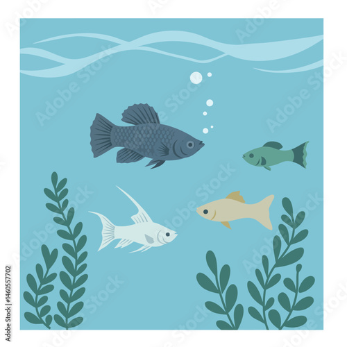Various small fish swimming underwater among green aquatic plants in blue water setting vector illustration 