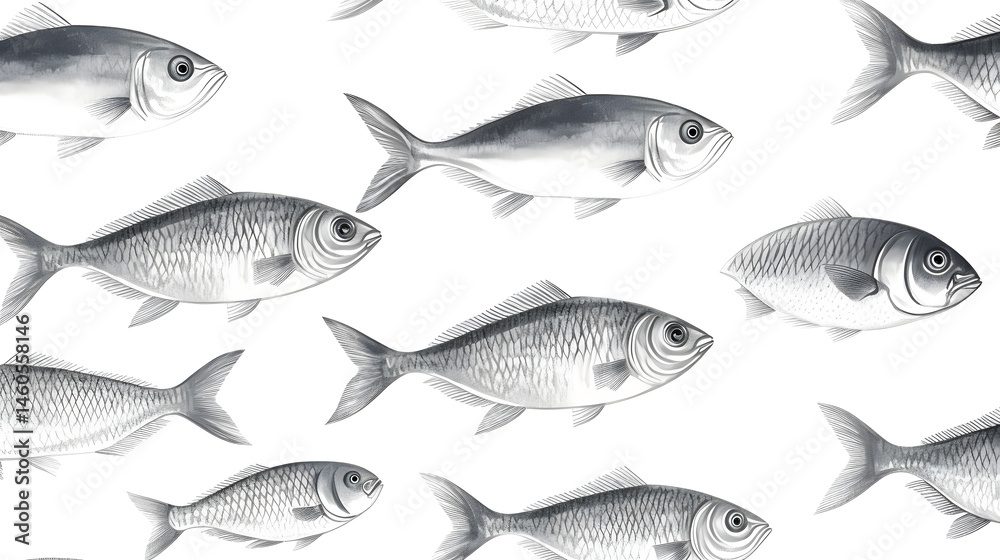 Obraz premium Professional Seamless Grey Fish Pattern on White Background for Design Projects