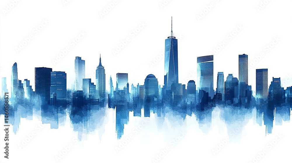 Obraz premium Clean vector design of a blue-toned skyline, tall skyscraper silhouettes creating depth, crisp white background. 