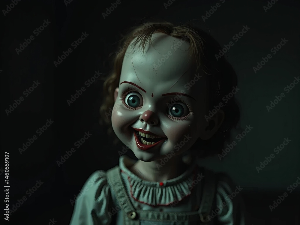 A scary old doll with a creepy smile. The doll was covered in dust and dirt, giving it a creepy and scary look.