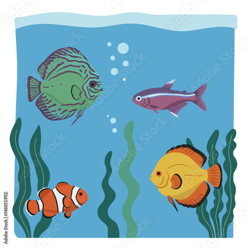 Colorful aquarium fish swimming among green seaweed in blue water vector illustration 