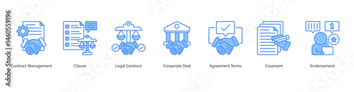 Legal Agreements banner web icon vector contract management, clause, legal contract, corporate deal, agreement terms, covenant, endorsement