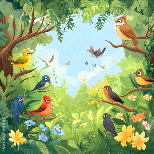 Colorful birds in a lush forest