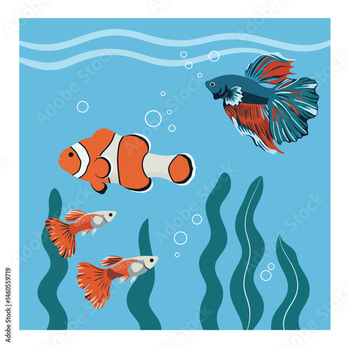 Colorful tropical fish swimming among green seaweed in blue underwater scene vector illustration 