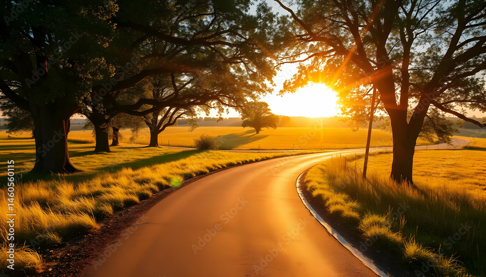 Fototapeta premium Golden Sunset Over a Winding Road Framed By Silhouetted Trees in a Tranquil Countryside Landscape with Warm Light and Blue Sky