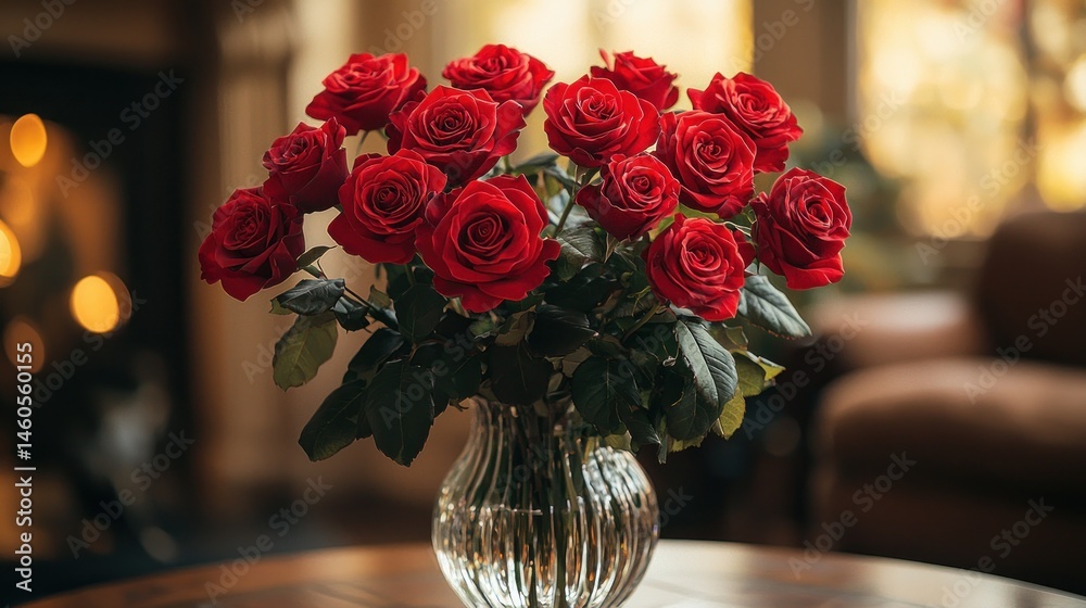 Fototapeta premium Red roses in a vase, home decor