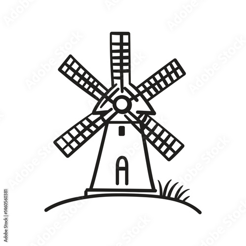 Isolated Windmill with Paddles and Grass, Outline on Transparent Background