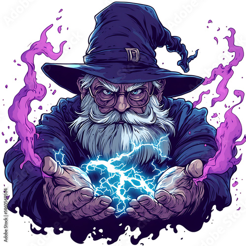 Wizard Holding Magic Ball with Purple Smoke Isolated on Transparent Background