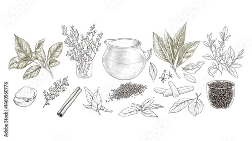 Fototapeta Naklejka Na Ścianę i Meble -  Detailed illustration of various tea and spice ingredients.