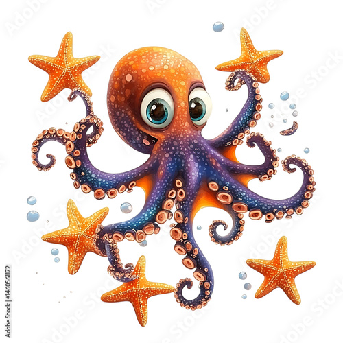 Cartoon Octopus Juggling Starfish and Fish Isolated on Transparent Background