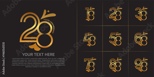 Anniversary logo type set with double line number. golden color with leaf ornament can be use special moment