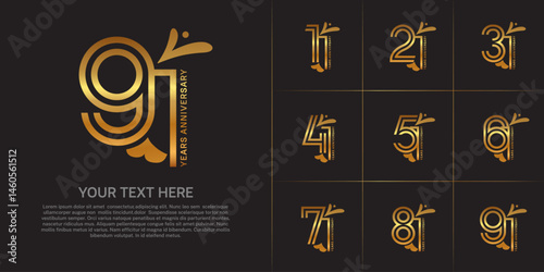 Anniversary logo type set with double line number. golden color with leaf ornament can be use special moment