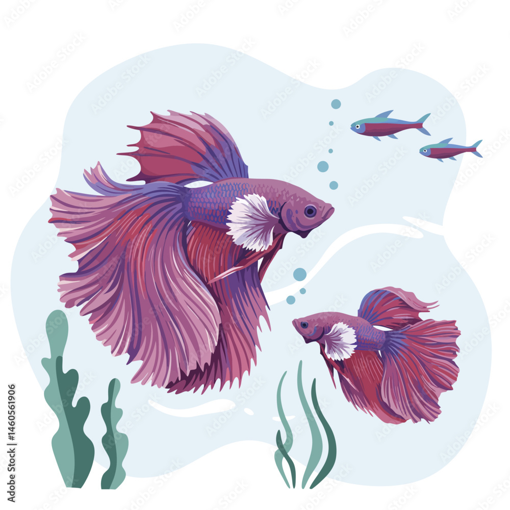 Fototapeta premium Betta fish swimming with small fish and underwater plants in stylized vector illustration 