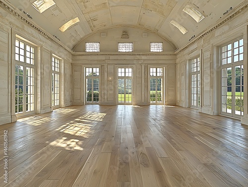 Sunlit grand hall with hardwood floors and expansive windows
