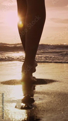 Beautiful Woman Walking at Summer Sea Beach Close Up. Romantic Concept of One Carefree Barefoot Girl Swimming in Ocean Water to Rest. Calm Day in Life of Slim Female at Surf Seascape in Natural Light