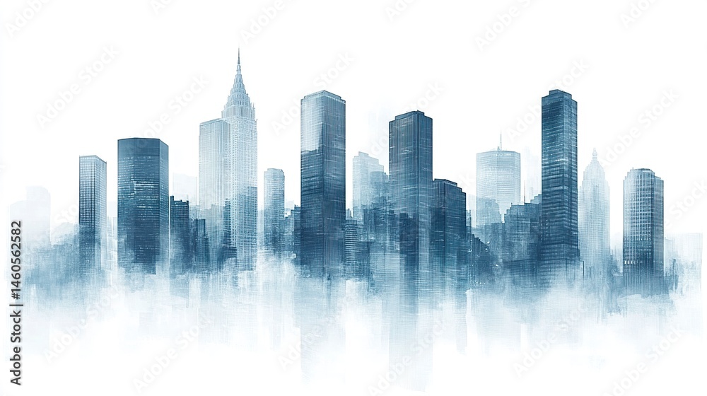 Fototapeta premium Layered silhouettes of blue skyscrapers forming a dynamic cityscape, balanced design on a neutral white background 