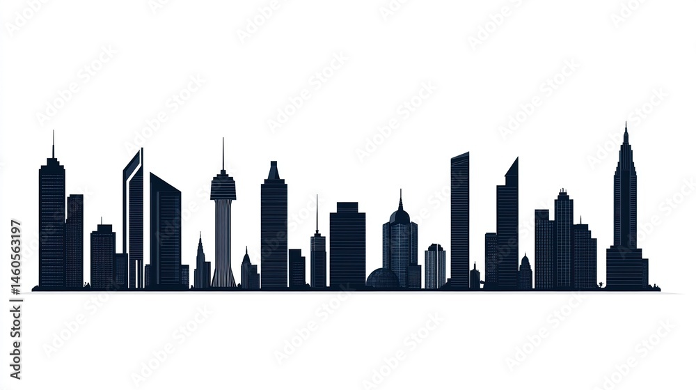 Naklejka premium Minimalistic set of urban skyline silhouettes, showcasing varied cityscapes, sharp black flat design on white. 