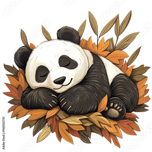 A Cartoon Panda Napping on a Pile of Leaves Isolated on Transparent Background