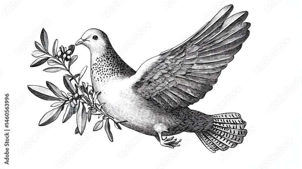 Fototapeta premium Monochrome illustration of a pigeon in flight with foliage.