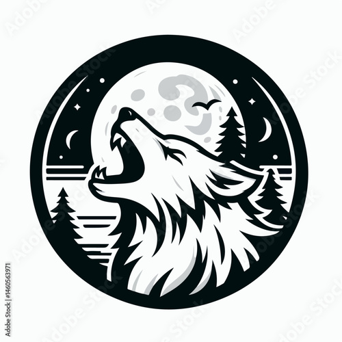 vector illustration of a roaring wolf with moon background