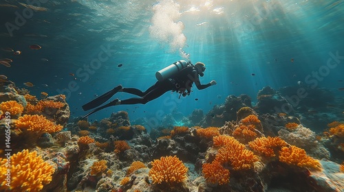 Fototapeta Naklejka Na Ścianę i Meble -  Scuba diver explores vibrant coral reef. Sunlight streams through water