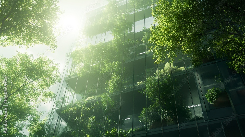 Obraz premium Modern sustainable office with glass facade and integrated greenery, shot at a low angle, sunlight filtering through trees, vibrant eco-friendly design. 