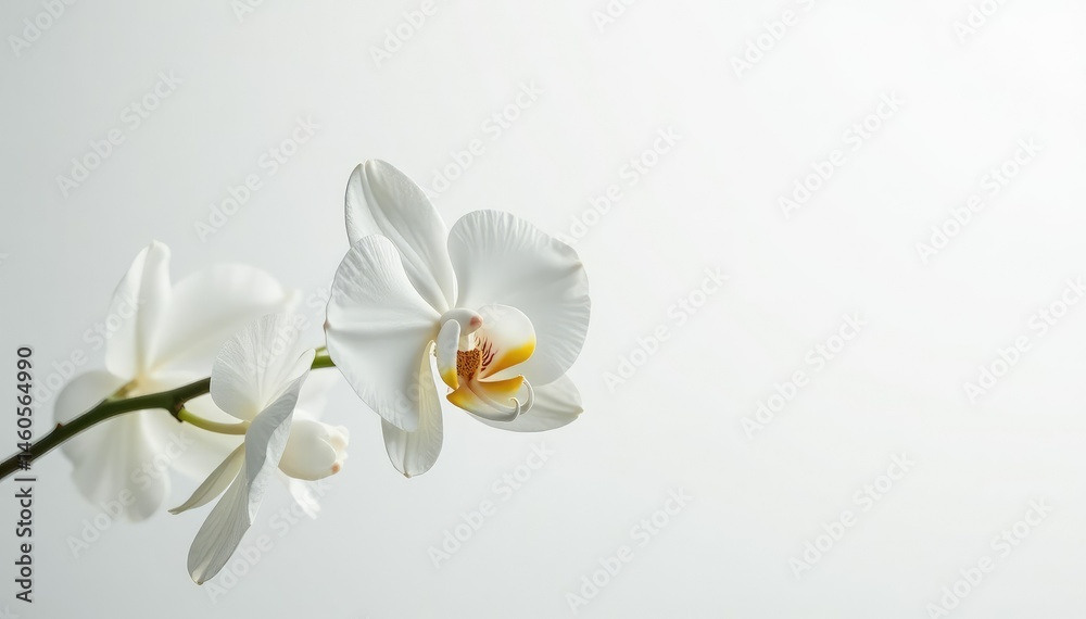 Fototapeta premium Delicate white orchid blossom against pure white backdrop, background, blossom, texture