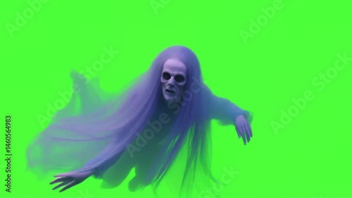 scary white ghost flying on green screen