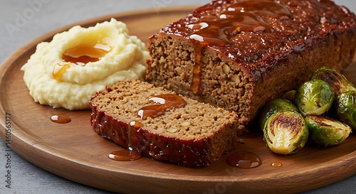 Sliced lentil-walnut meatloaf with sticky maple glaze, served with mashed cauliflower and roasted Brussels sprouts. Comfort food vibe