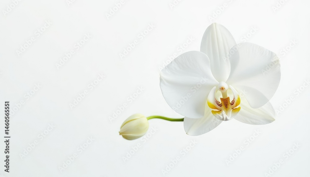 Fototapeta premium Delicate white orchid blossom, pristine petals against pure white backdrop, isolated, plant
