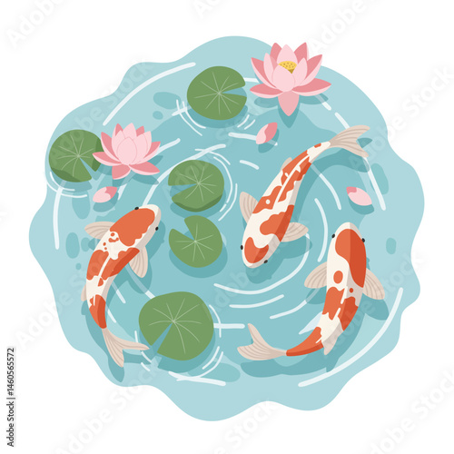 Koi fish swimming among green lily pads and pink lotus flowers in blue water vector illustration 