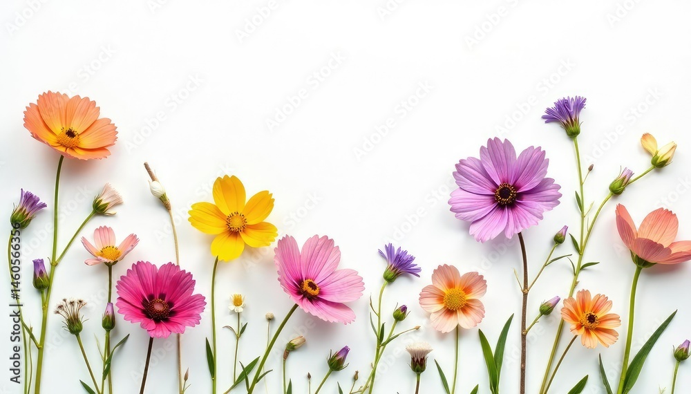 Naklejka premium Delicate, scattered wildflowers on white background, bloom, romantic