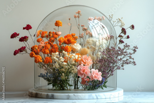 Flowers bloom inside glass dome.
